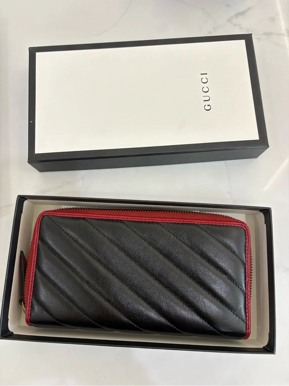 Gucci Black Quilted Leather Zip Wallet with Red Trim and Gold GG